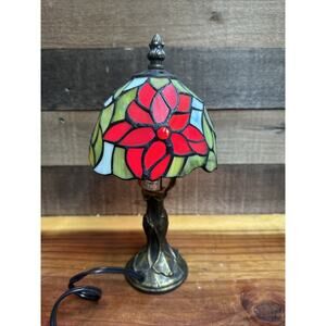 Poinsettia Stained Glass Tiffany Style Table Lamp 11”
